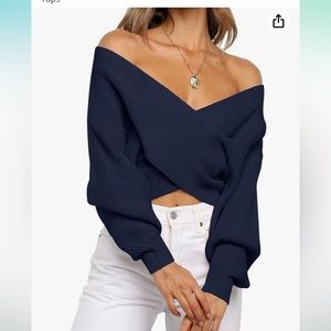 ZCSIA Women's Wrap V Neck Cropped Sweaters Long Sleeve Cross Front Off Shoulder